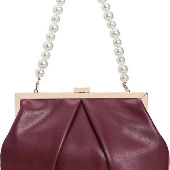 Faux Leather Clutch Purse Ruched PU Metal Frame Formal Evening Bag with Pearl St - Picture 1 of 6